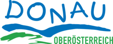 This is a simple logo featuring the word "DONAU" (German for "Danube") written in blue capital letters with a wavy blue line underneath representing the river. Below that is the word "OBERÖSTERREICH" (Upper Austria) in green text, making this appear to be a regional tourism or organizational logo from that Austrian state.