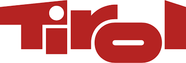 This is the iconic Tirol chocolate logo in bold red lettering against a white background. The distinctive design features chunky, geometric letterforms with rounded edges that create a playful yet modern aesthetic.