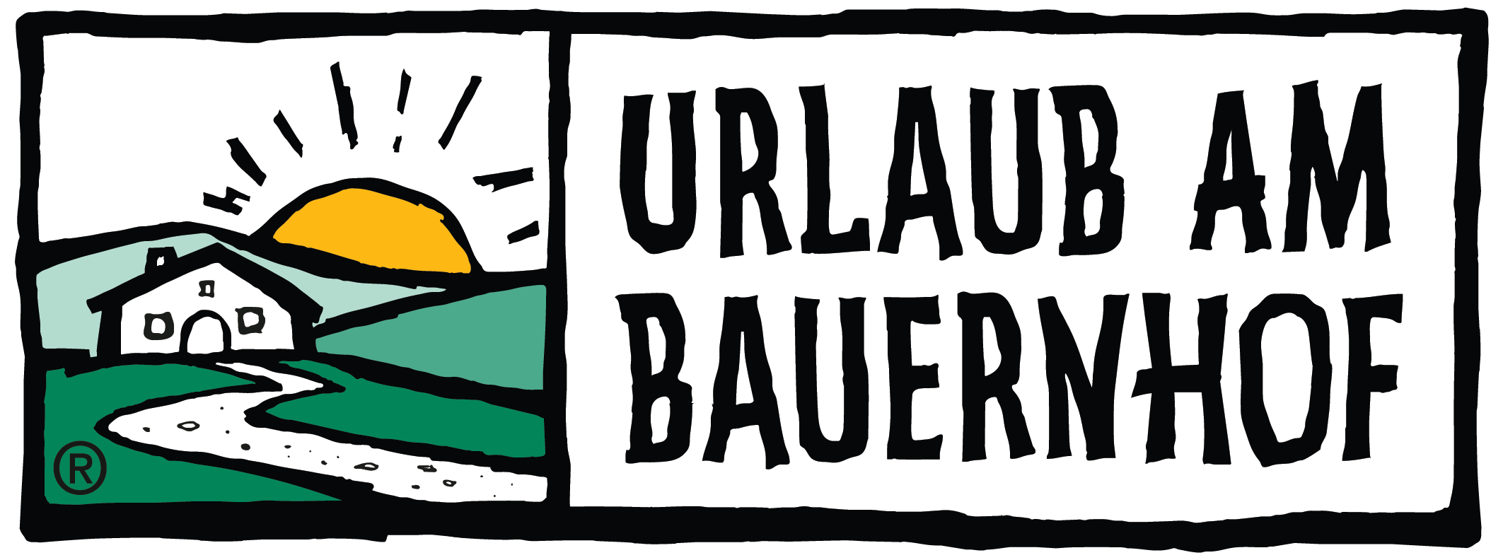 This is a logo for "Urlaub am Bauernhof" (Farm Holidays/Vacation on the Farm in German), featuring a simple illustration of a farmhouse on rolling green hills with a white path leading to it and a yellow sun rising behind. The design has a rustic, hand-drawn quality with bold black borders and uses a simple color palette of green, yellow, and light blue.